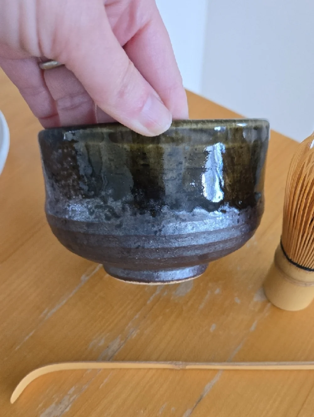 Handmade Dark Glazed Ceramic Matcha Tea Bowl with Bamboo Whisk